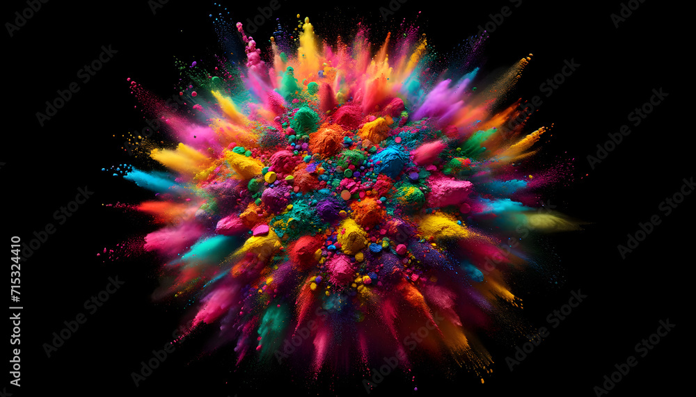 Colorful Powder Explode, Holi Festival, Cosmic Bloom in Vivid Hues on black background Colorful Powder Explode, Holi Festival, Cosmic Bloom in Vivid Hues on black background