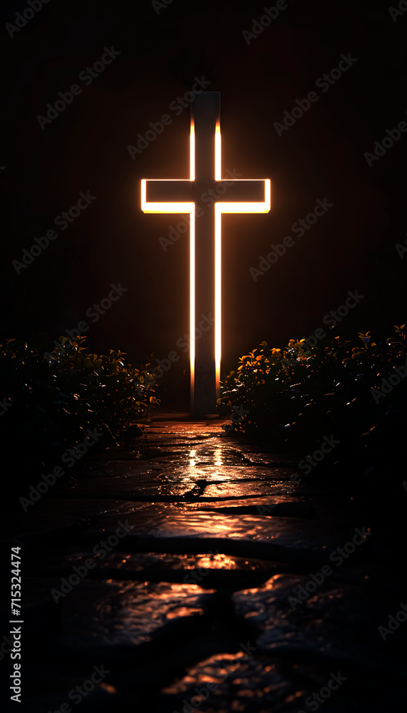 A path that leads to a cross. Dramatic lighting