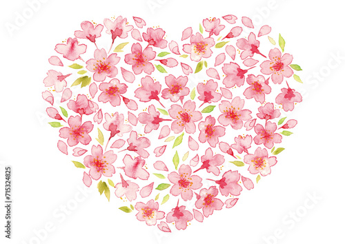 ハート型の桜の花の水彩イラスト２