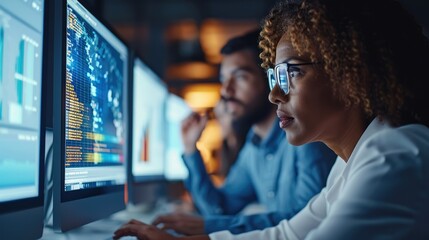 Focused diverse colleagues analyzing data on PC minimalist superb clean. Generative AI.