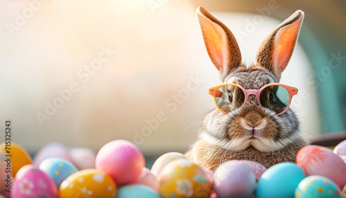 Easter bunny wearing sunglasses and colored eggs. AI generated