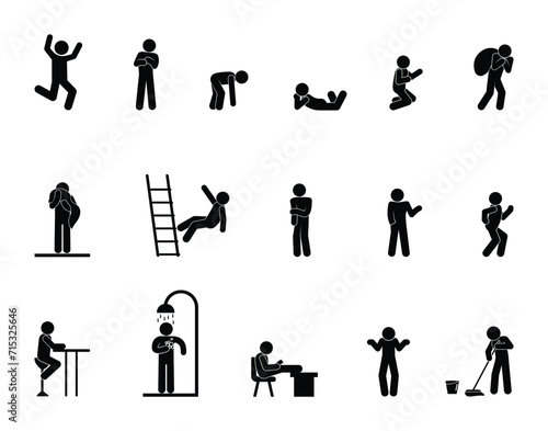 man icon, gestures and poses of people, human silhouettes standing, sitting, walking