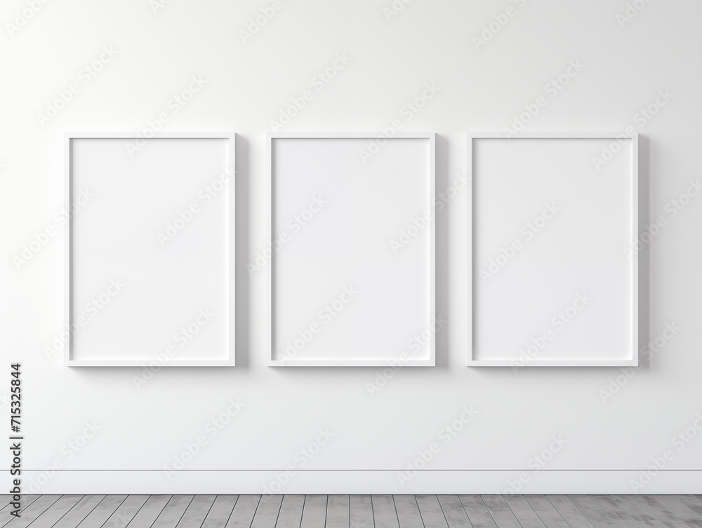 Three white frame wall poster mockup, white wall minimal room, white wooden floor, clean and minimal Three white frame wall poster mockup, white wall minimal room, white wooden floor, clean and minimal