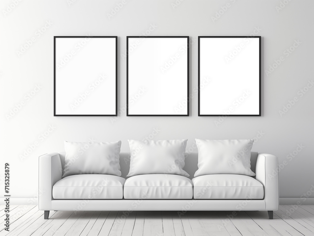 Three Black frame posters mockup, Living room interior with gray velvet sofa, pillows, modern living room Three Black frame posters mockup, Living room interior with gray velvet sofa, pillows, modern living room