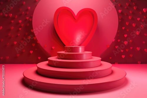 3D Valentine's day abstract background with red hearts and podium showcase for product presentation. Geometric shape for product display presentation, promotion display.