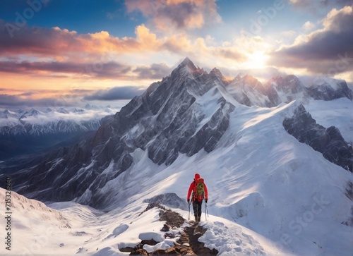 tourist on a snow-covered mountain peak