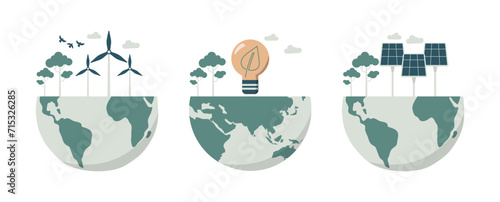 Set of eco friendly and sustainable development, Ecological concept, Conservation of nature and the environment on earth. Wind turbines, light bulbs and solar panels on the globe. Vector design.