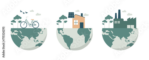 Set of eco friendly and sustainable development, Ecological concept, Conservation of nature and the environment on earth. Bicycle, Energy efficient homes, Green industry on the globe. Vector design.