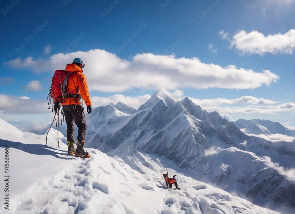 tourist on a snow-covered mountain peak