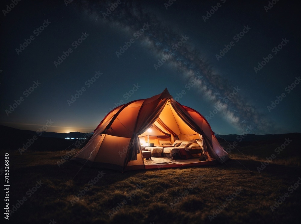 tent with a lantern under the night starry sky

