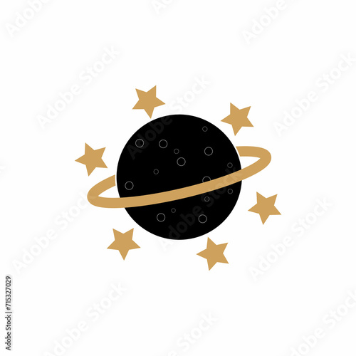 Black planet illustration with golden star.