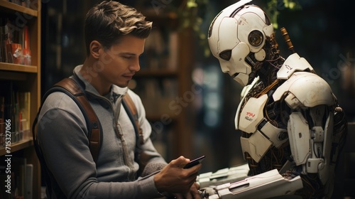 young man and cute white modern robot talking in the library.