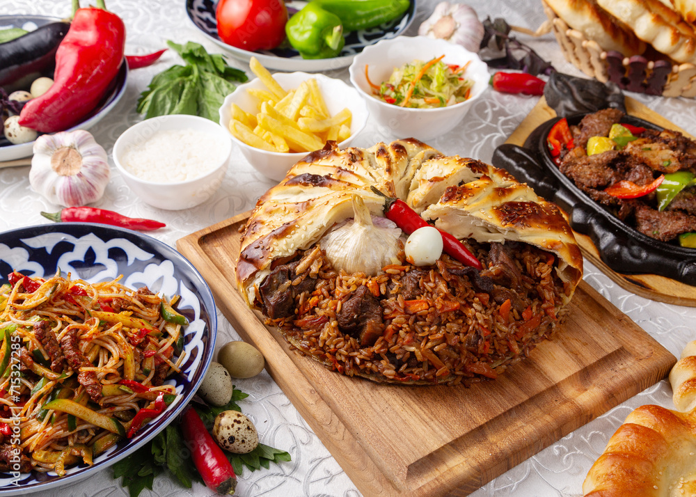 Pilaf in dough, holiday pilaf, khan-pilaf. Eastern cuisine. Uzbek cuisine.