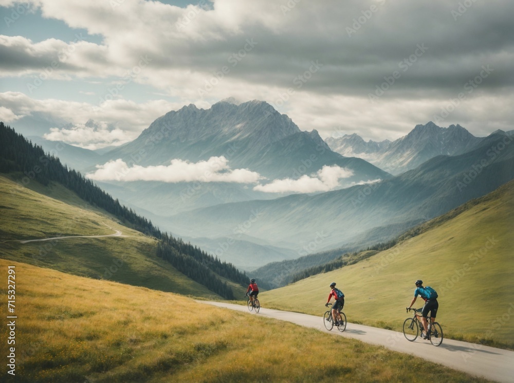 A group of cyclists on the road against the backdrop of wide meadows and mountains in far