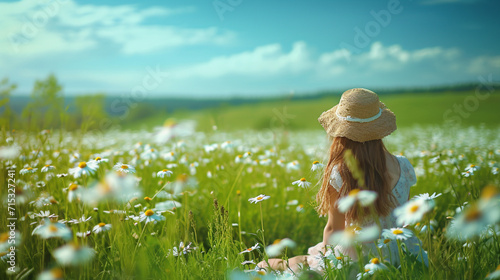 A girl in a field with flowers and a hat. Beautiful young brunette girl with straw hat walks in a field with a bunch of little daisies. Girl in daisies against the background of meadows.
