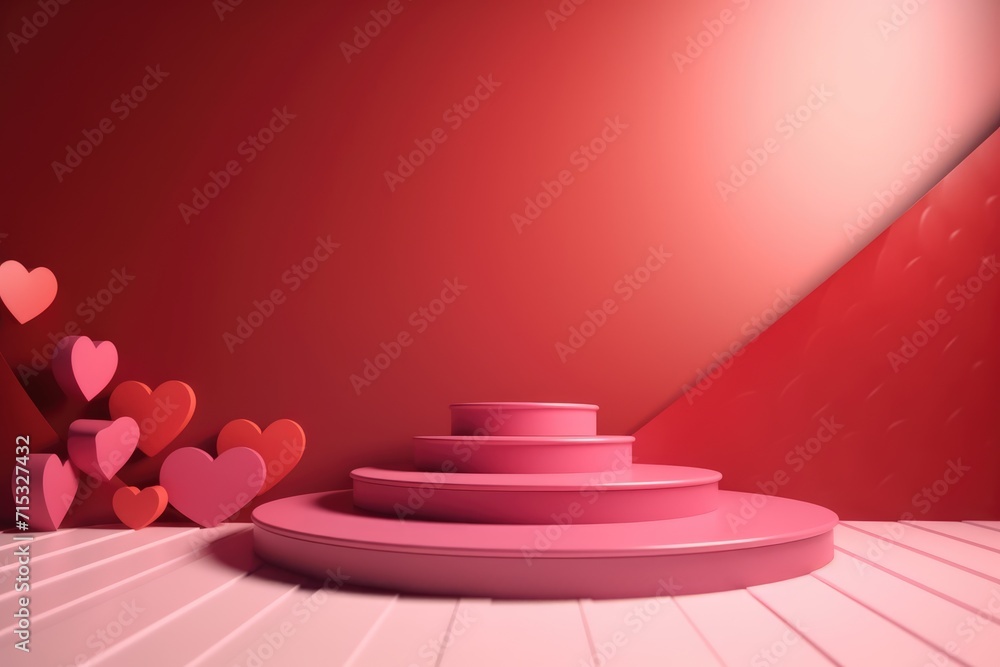 Obraz premium 3D Valentine's day abstract background with red hearts and podium showcase for product presentation. Geometric shape for product display presentation, promotion display.