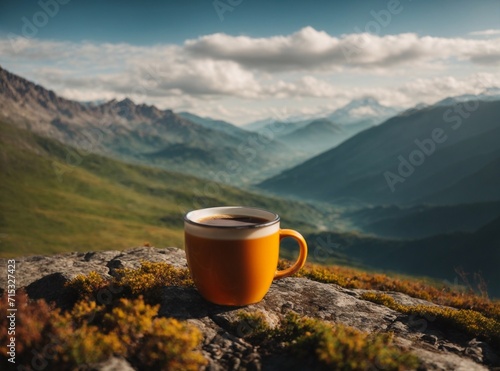 coffee cup against the backdrop of picturesque mountains