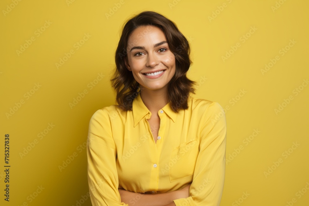 Portrait of smiling young businesswoman with crossed arms on yellow background Portrait of smiling young businesswoman with crossed arms on yellow background