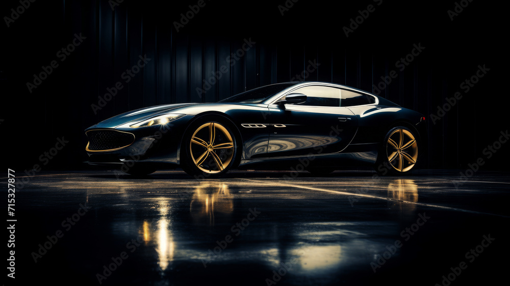 Luxury expensive car parked on dark background, product photography, copy space, 16:9