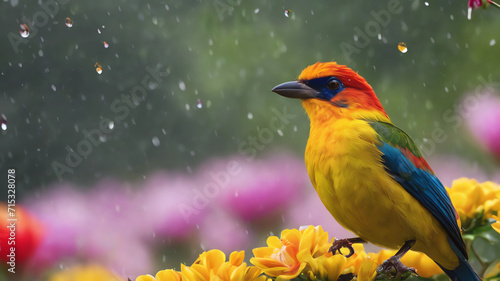 Create a Costa Rican the most bright bird in the flowers under the rain © Muhammad
