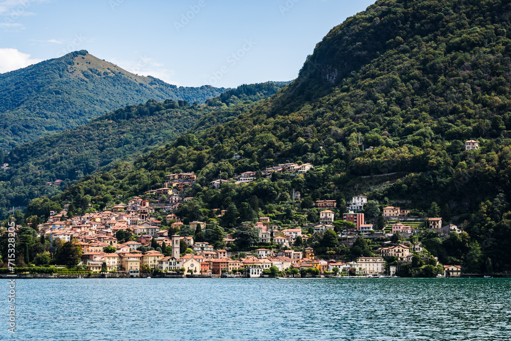 Italian mountain village at lake Como on a sunny summer day