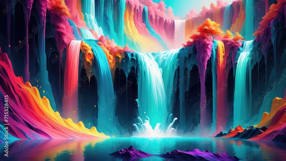 Colorful waterfall in fantasy. Fairytale. Paradise