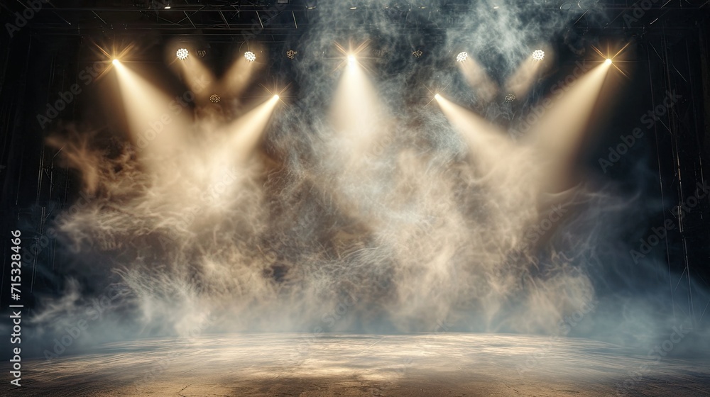 An empty stage, bathed in smoke, spotlights, and various lighting, sets the mood for a captivating presentation or concert concept, Ai Generated.