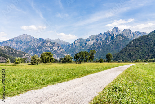 Mountain range in the Italian alps near lake Como on a sunny summer day with meadow and dirt road in the foreground