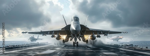 The powerful image of a fighter jet catapulting off an aircraft carrier s deck  symbolizing naval air operations.