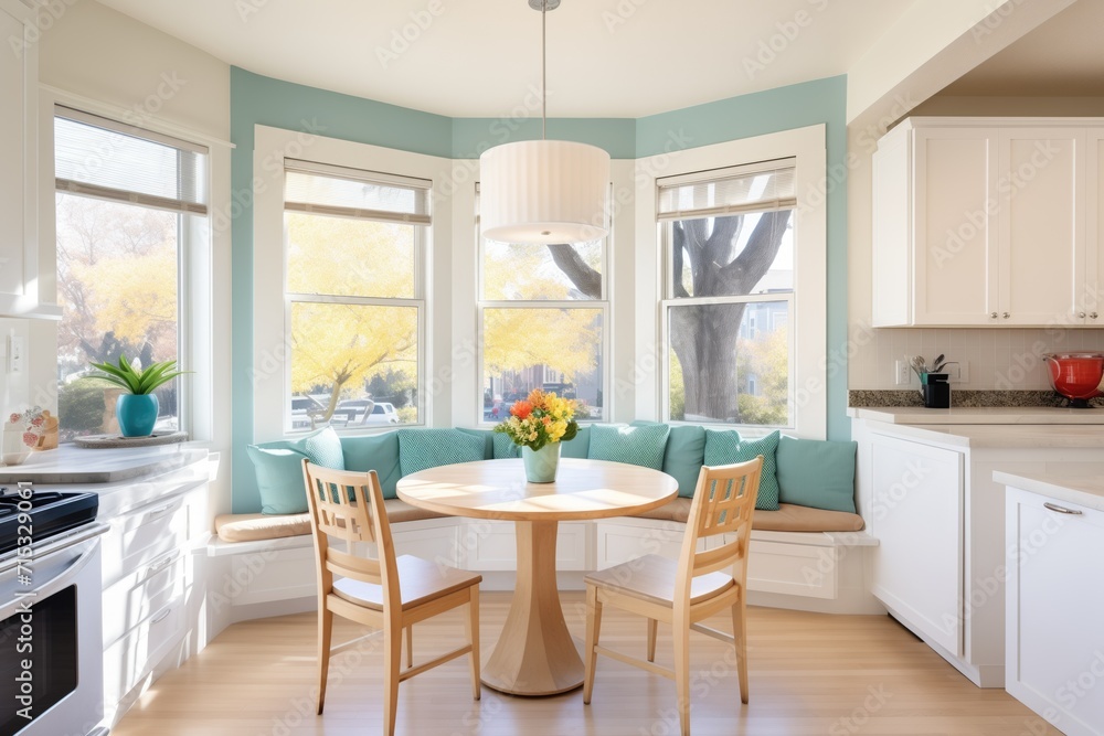 Fototapeta premium bright breakfast nook with bay windows in extension