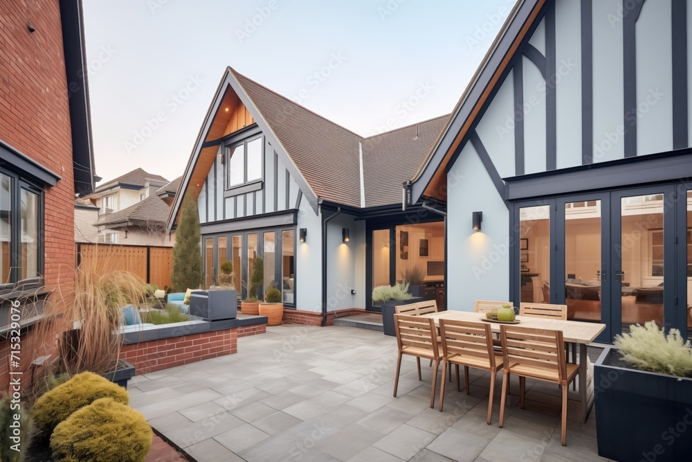 rear angle showing a tudor houses modern annex with patio rear angle showing a tudor houses modern annex with patio