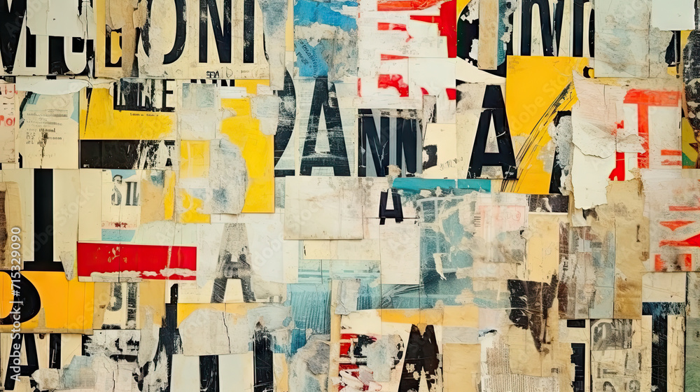 Fototapeta premium Collage of many numbers and letters ripped torn advertisement street posters grunge creased crumpled paper texture background placard backdrop surface , copy space