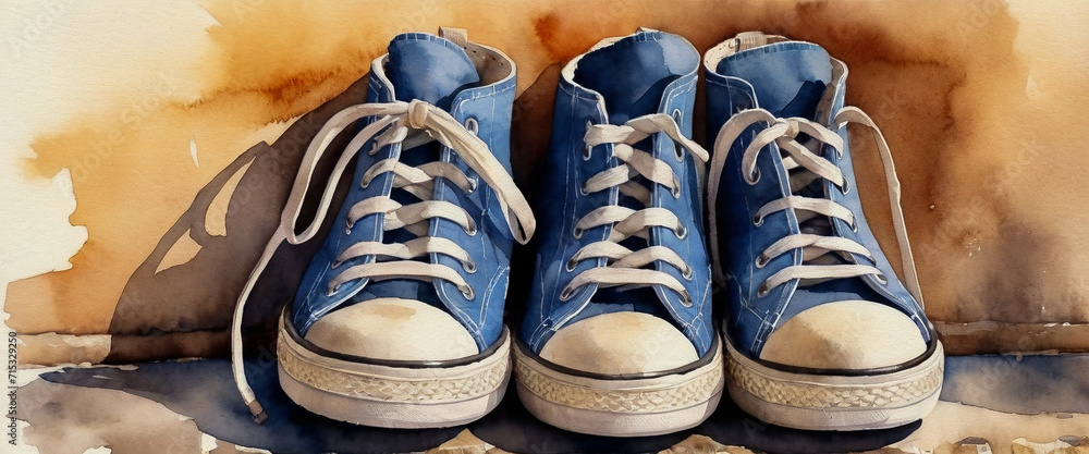 Stylish watercolor illustration of mismatched blue shoes. Stylish watercolor illustration of mismatched blue shoes.