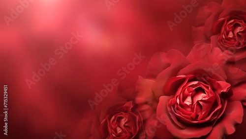 Horizontal banner with rose of red color on blurred background. Copy space for text. Mock up template. Can be used for wallpaper  wedding card  web page backdrop