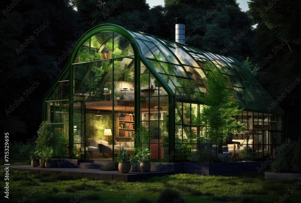A dwelling nestled in the heart of a vibrant and lush green forest. A dwelling nestled in the heart of a vibrant and lush green forest.