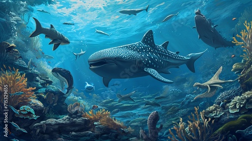 Underwater Ecosystem Gathering: A Diverse Group of Marine Creatures Including a Prominent Whale Shark, Various Fish Species, and Coral Reefs in a Vibrant Underwater Seascape Illustration