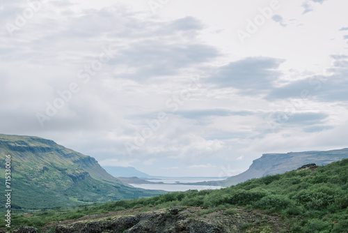Summer Iceland landscape with water, mountains, and cloudy sky