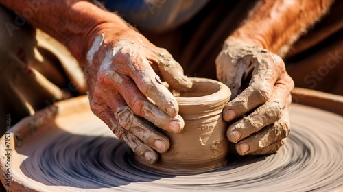A potter's hands shaping clay on a wheel, exemplifying the delicate art of pottery-making.