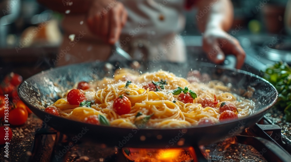 Close-up man cooking healthy pasta for his family in his home kitchen in a small frying pan dish with vegetables on stove Close-up man cooking healthy pasta for his family in his home kitchen in a small frying pan dish with vegetables on stove