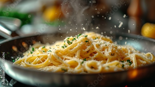 Close-up man cooking healthy pasta for his family in his home kitchen in a small frying pan dish with vegetables on stove