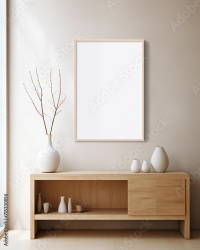 Empty blank frame  on top of a wood cupboard  minimal interior  wall print