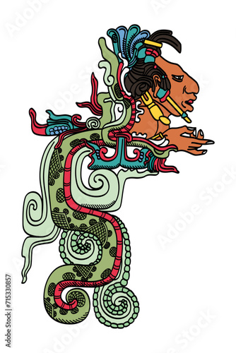Kukulkan, the Vision Serpent, a deity of Maya mythology. Closely related to the Aztec Quetzalcoatl. Classic Maya vision as depicted at Yaxchilan, a divine serpent with human head and hand in mouth.