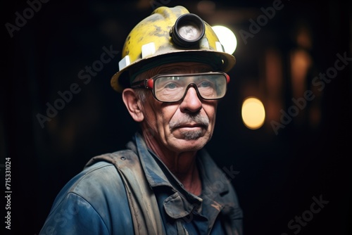 miner with helmet lamp in dark coal mine © primopiano