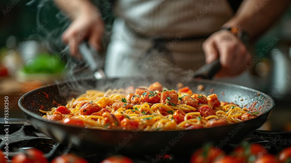 Close-up man cooking healthy pasta for his family in his home kitchen in a small frying pan dish with vegetables on stove Close-up man cooking healthy pasta for his family in his home kitchen in a small frying pan dish with vegetables on stove