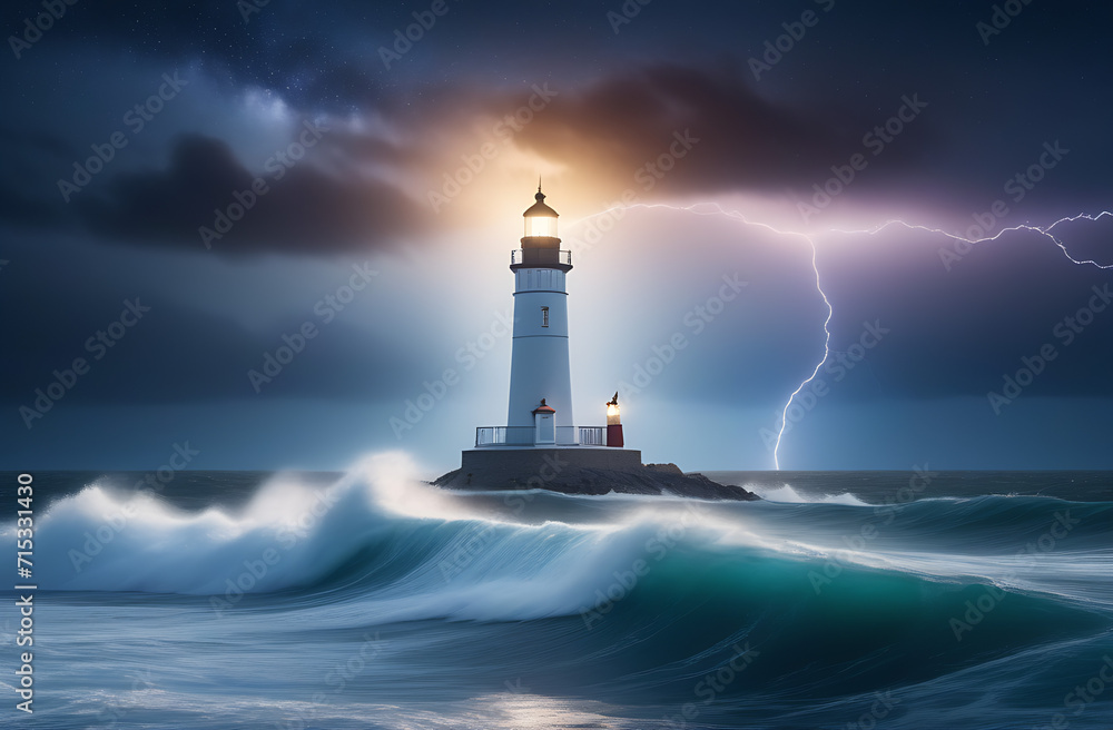 Lighthouse surrounded by waves at night, storm,lightning.