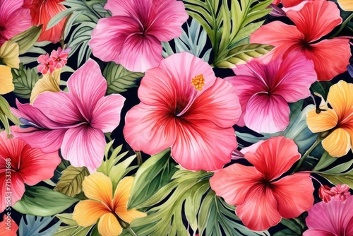 Tropical flowers pattern with leaves