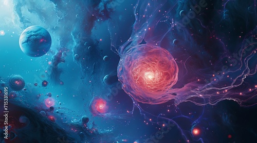 Cosmic Dance of Astral Bodies  A Vivid Illustration of Planets  Stars  and Nebulae Influencing Life in an Alternate Universe