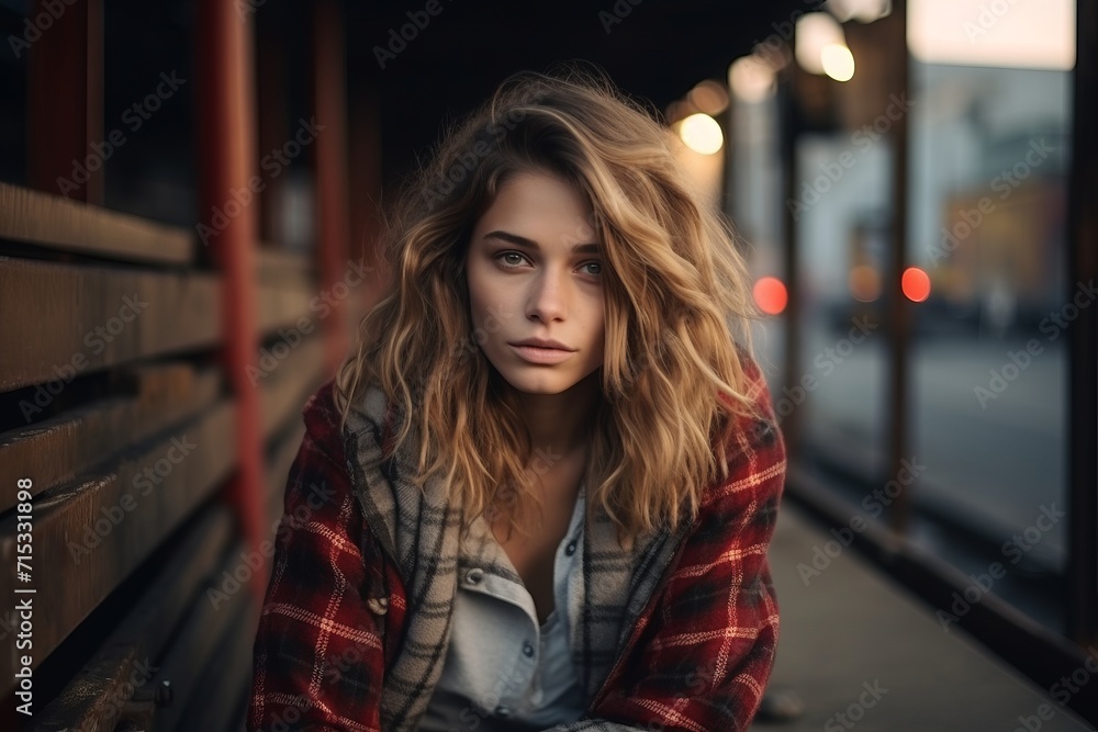 Portrait of a young beautiful woman in a plaid shirt in the city