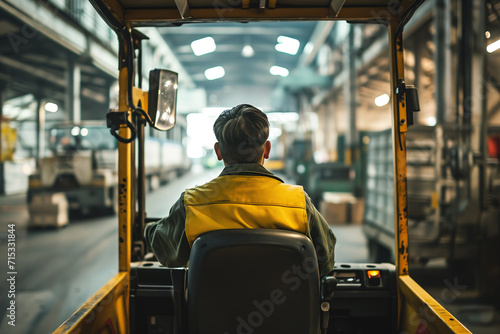 Young man driving forklift in factory view from behind