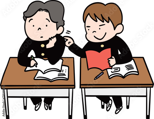 教室の机を並べた隣同士の学生